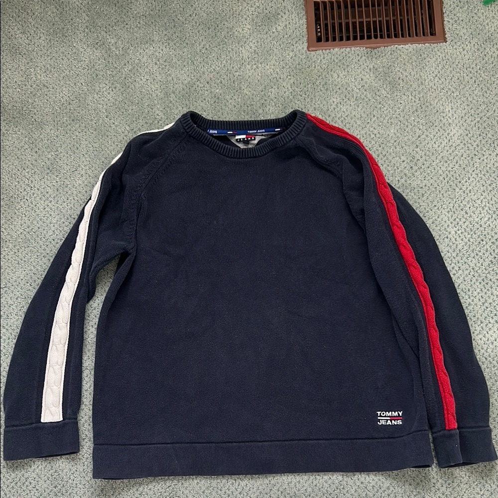 Tommy Hilfiger Navy Sweater with Red and White Sleeve Accents